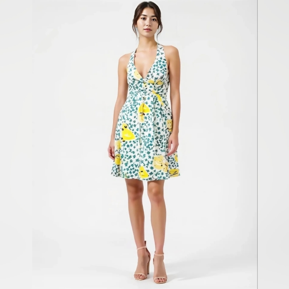 BETSEY JOHNSON Vintage Yellow & Green Butterfly Print Halter Tie Neck Dress, 8
